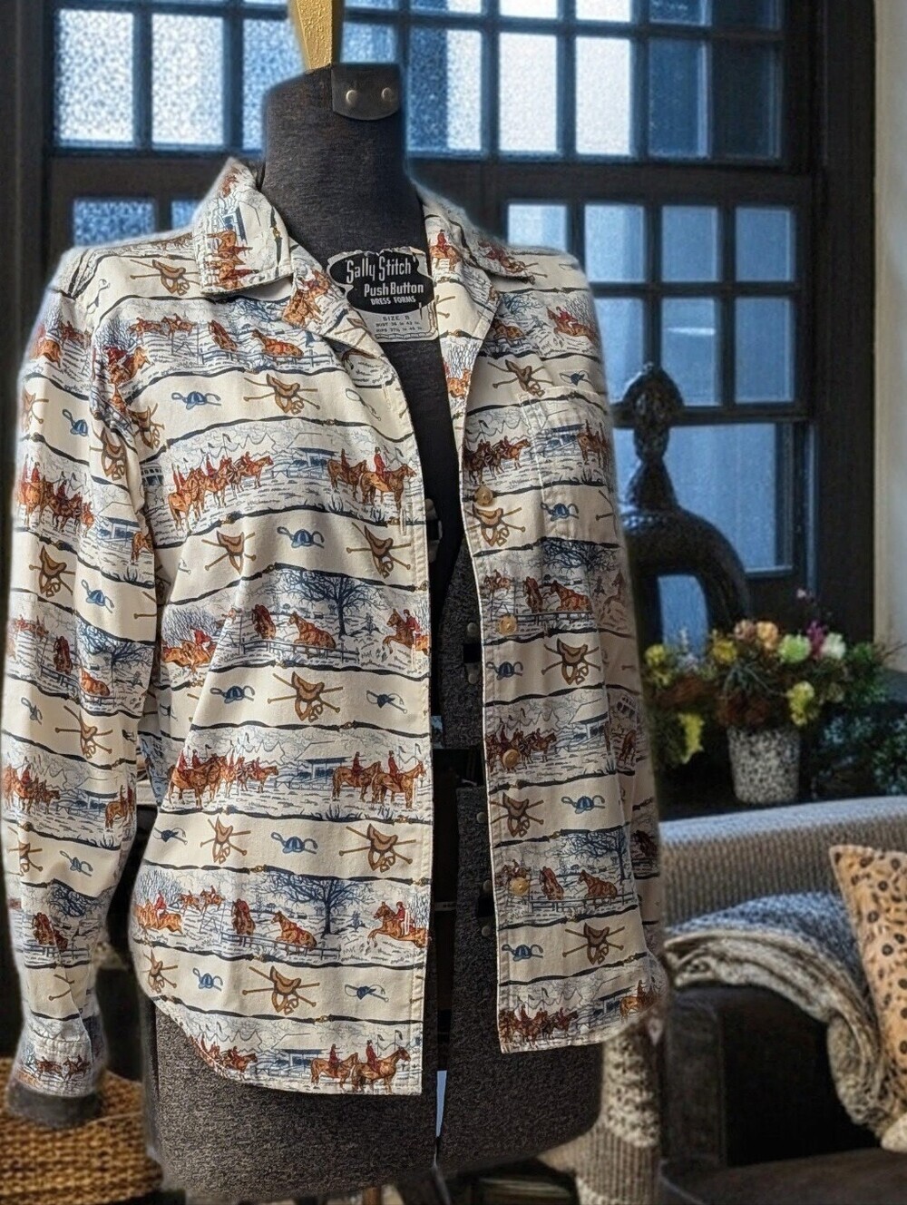 Vintage 90s Liz Claiborne Lizwear Equestrian Print Cotton Button Up Shirt Sz SP - Picture 2 of 16